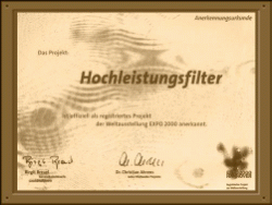 EXPO 2000 Anerkennungsurkunde für die Trabold Filter GmbH